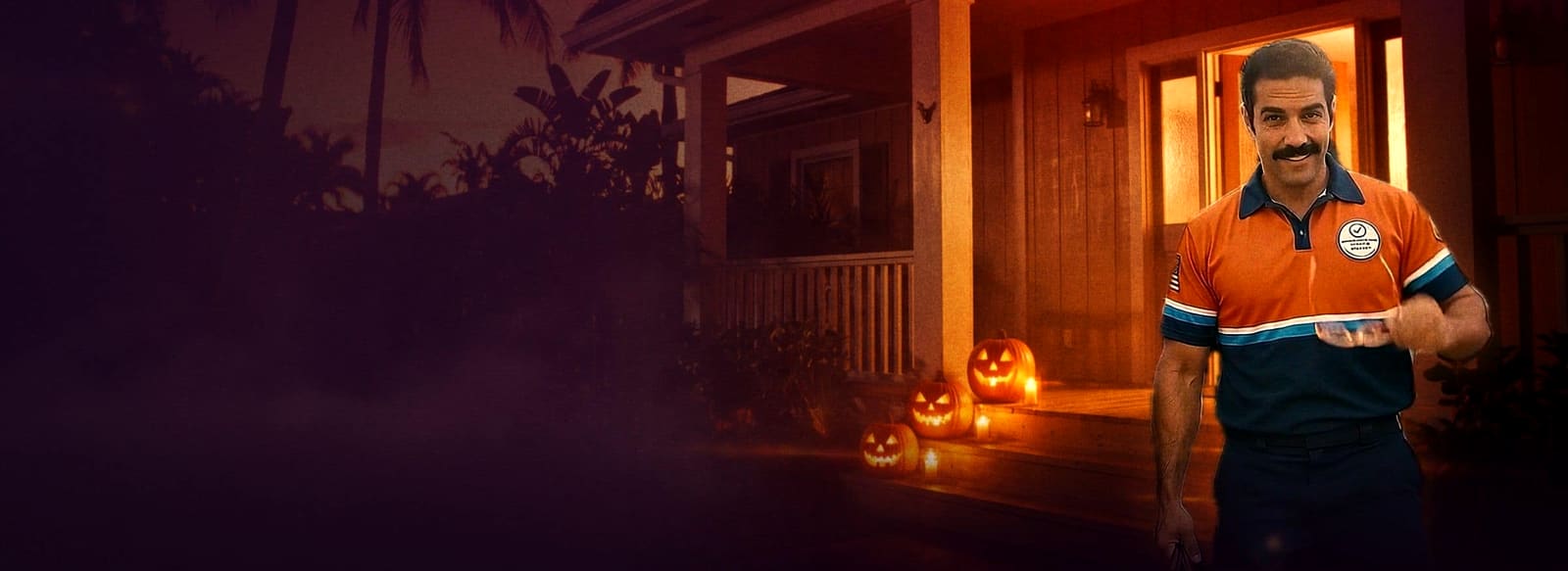 1970s horror-poster art: a smiling Climate Control Services technician in front of a foggy Halloween porch lined with jack-o'-lanterns under a red and violet sky.