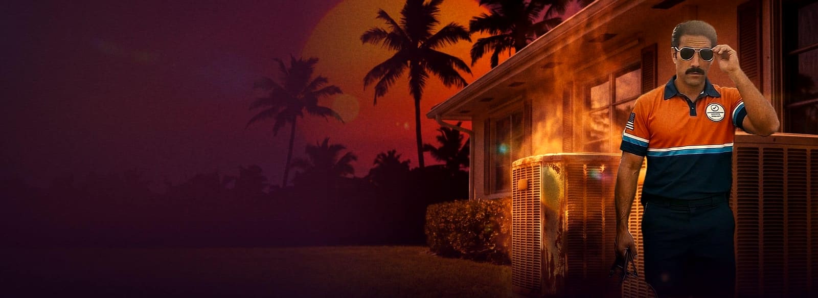1970s disaster-movie poster art: a Climate Control Services technician lowering his sunglasses beside a Palm Beach house with an old and a new AC condenser under a giant sunset.
