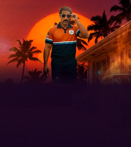 1970s movie-poster art: a Climate Control Services technician in sunglasses in front of a giant sunset, palms and a house with AC condensers.