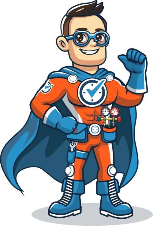 Captain Right Away — CCS HVAC mascot in orange suit and blue cape