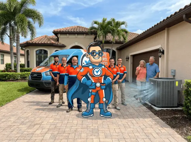 CCS brand artwork with Captain Right Away, a service van and a Palm Beach County home