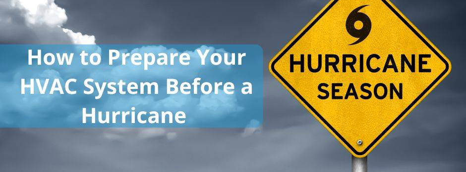 Hurricane season sign standing against dark clouds. The graphic accompanies a blog post about how to prepare your HVAC system before a hurricane, with tips from Climate Control Services to help homeowners get ready for severe weather like Hurricane Helene.